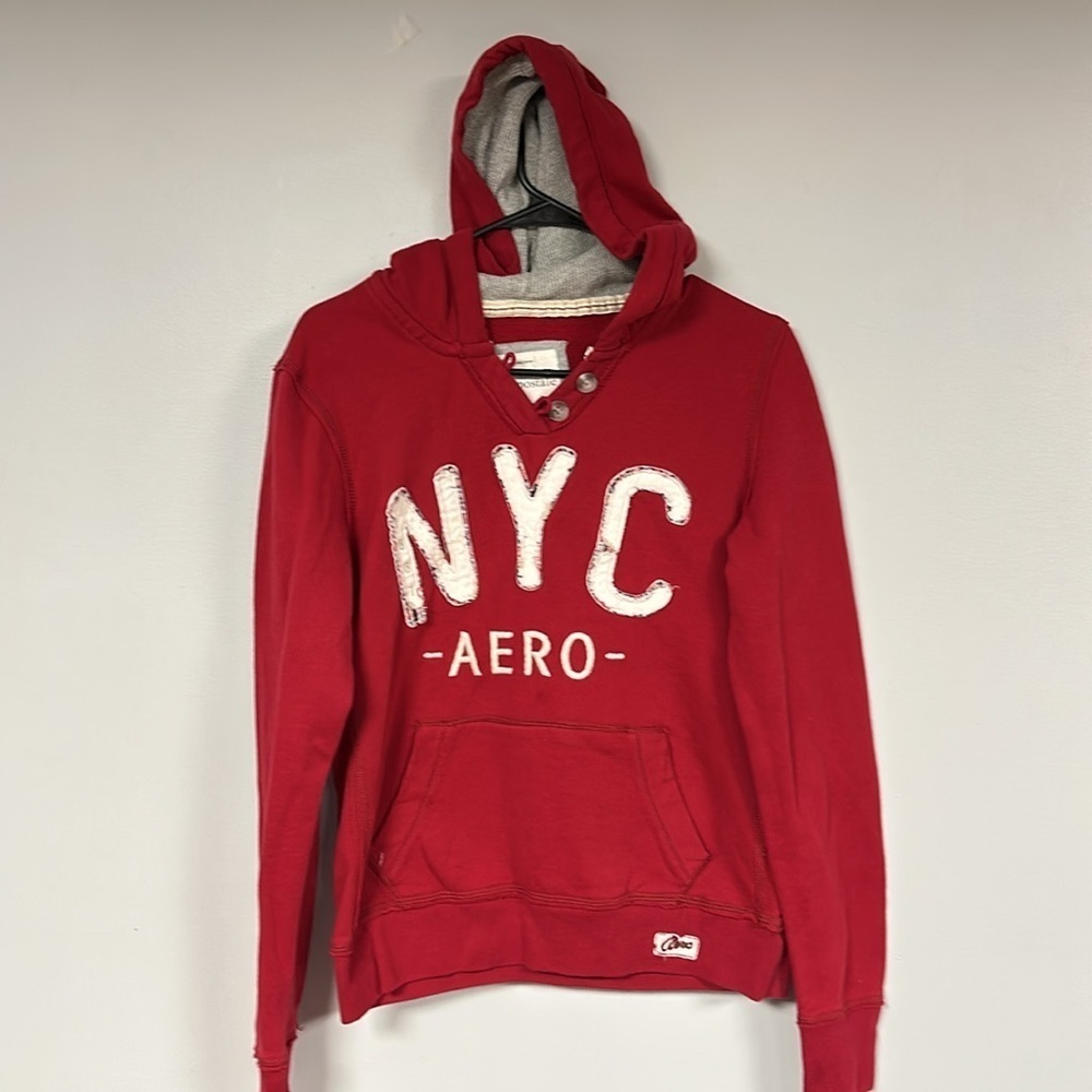 Aeropostale Red Distressed NYC Hoodie Sweatshirt, L , two button closure